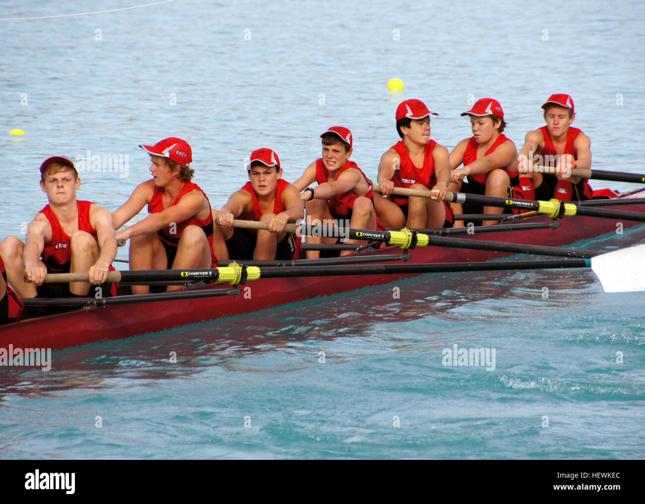 This photo captures the 2014 Meridian South Island Secondary Schools Rowing Championships at Lake Ruataniwha, New Zealand. The event showcases competitive school rowing teams during a key sports competition. Stock Photo