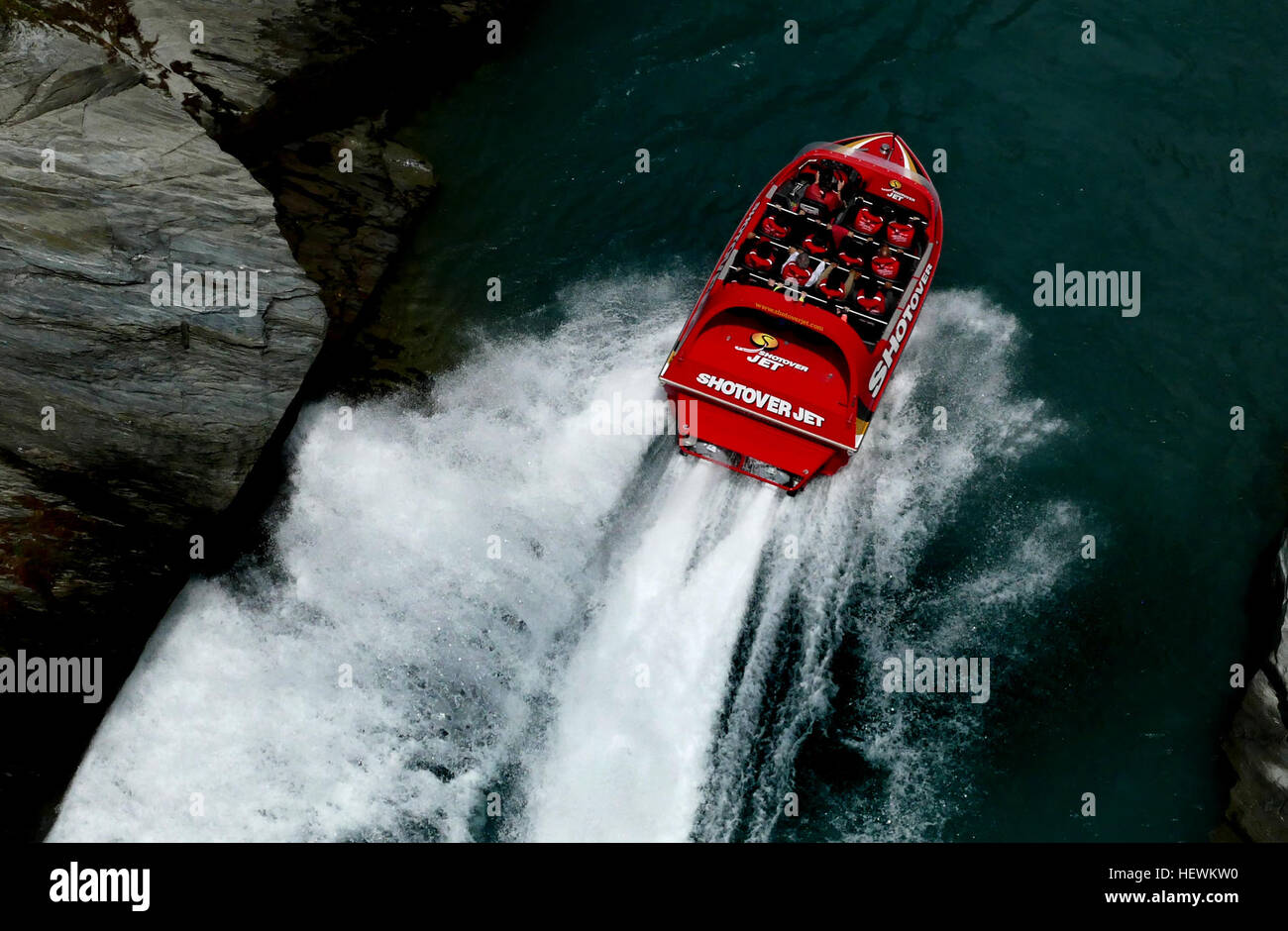 Shotover Jet  'Can you handle the canyons?' with award winning Shotover Jet, ‘The World’s Most Exciting Jet Boat Ride’ and the only company permitted to operate in the spectacular Shotover River Canyons. Stock Photo