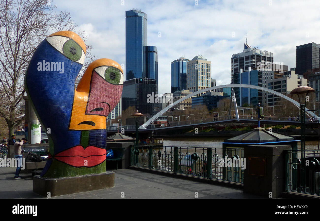 'Ophelia' by Deborah Halpern One of Southgate’s most well known icons has always been the mosaic sculpture Ophelia created by Melbourne artist Deborah Halpern. As part of the redevelopment, Ophelia underwent an extensive restoration and relocation to a prime position on the Southgate promenade, Multi-colored sculptural structures dot the riverside promenade close to the Crown Entertainment Complex. Unlabeled by plaque or other inscription, these quite ornamental structures are for the viewer to explain, or just simply to enjoy. Stock Photo