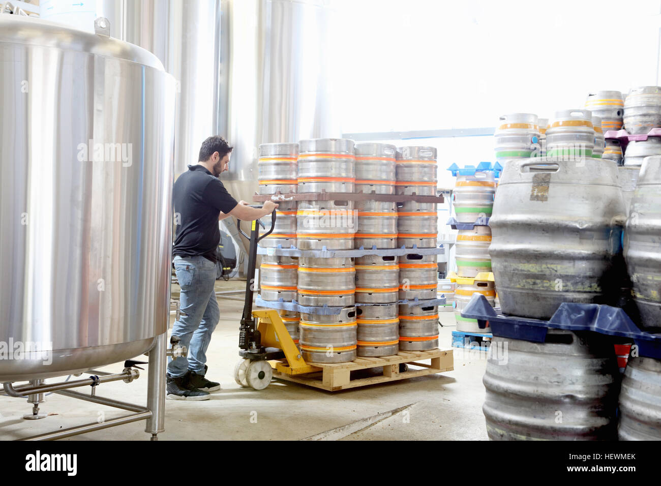 Worker in brewery organising beer barrels for delivery Stock Photo