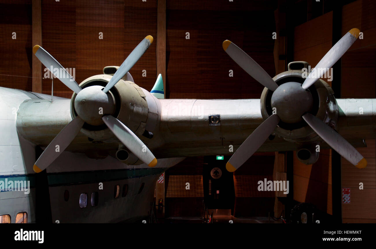 The Short Solent, a flying boat developed in the late 1940s by Short Brothers, was a passenger aircraft used for trans-oceanic flights. Its design evolved from the Short Sunderland military flying boat. The Solent served until 1958 with airlines like BOAC and TEAL. Stock Photo