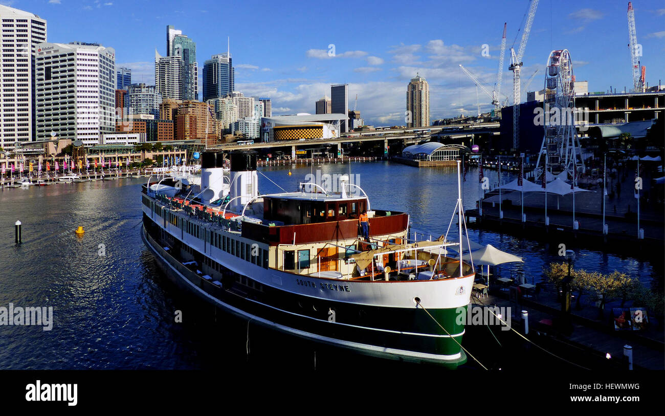 SS South Steyne is a retired steam ferry. For 36 years, she operated on the Manly run on Sydney Harbour and is now a floating restaurant moored at Darling Harbour. SS South Steyne was built by Henry Robb in Leith, Scotland for the Port Jackson &amp; Manly Steamship Company. Launched on 1 April 1938, she set off on 7 July, to steam the 22,000 kilometres to Australia, where she arrived on 19 September. The Master of the vessel for the voyage was Captain Rowling.  She was withdrawn from service as a commuter ferry in 1974.  On 25 August 1974, A week after the last run, a fire broke out in the fan Stock Photo