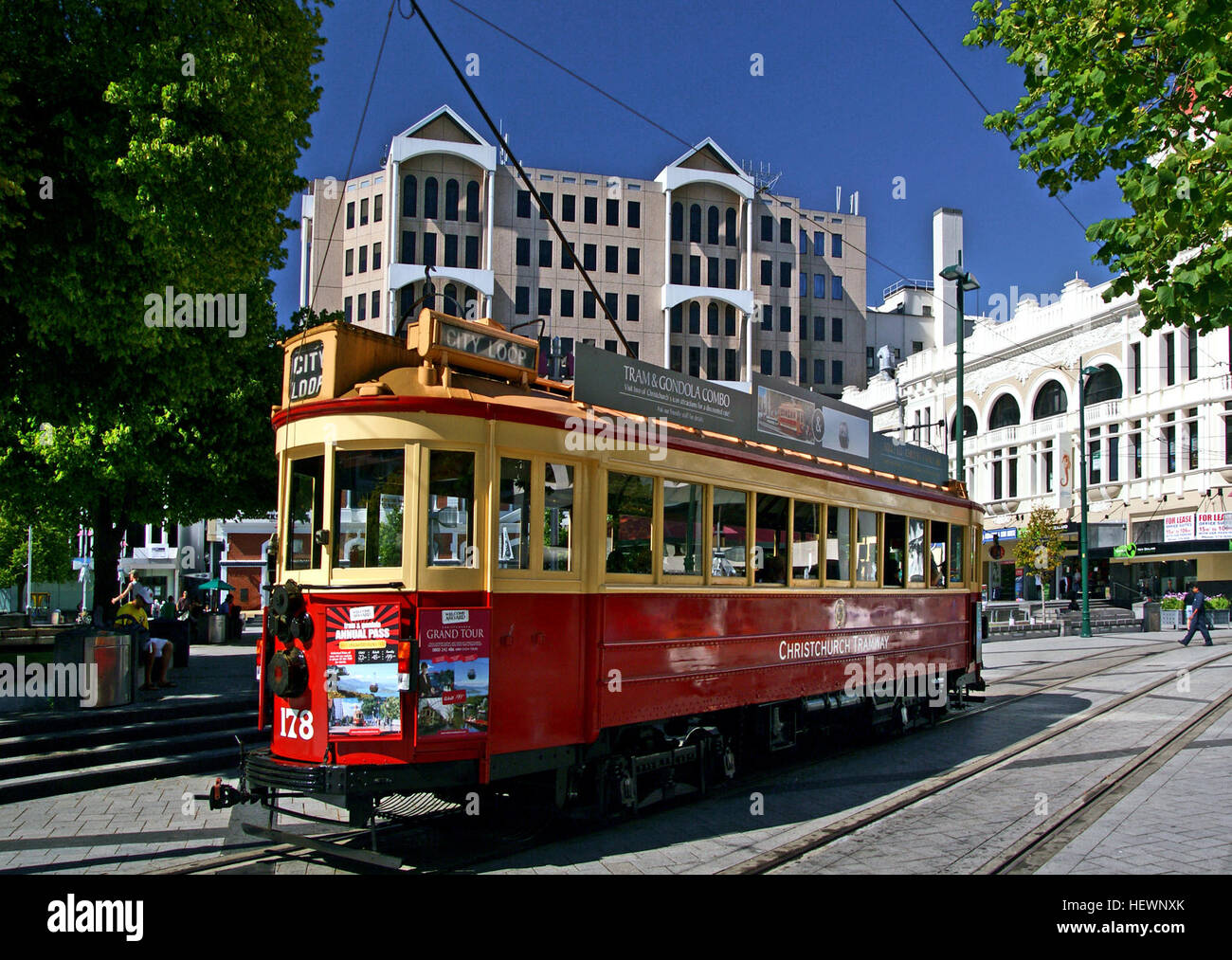In February 1995, just over 40 years after the tramway system closed, trams again began operating in the streets of Christchurch along a 21/2 kilometre route using original vehicles ex Christchurch, Dunedin and Melbourne. Stock Photo