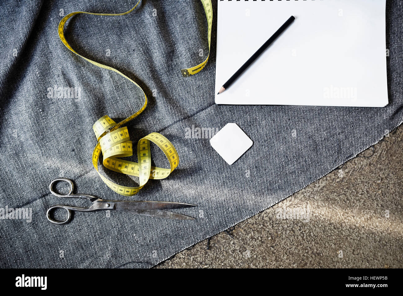 Overhead view of sewing equipment Stock Photo