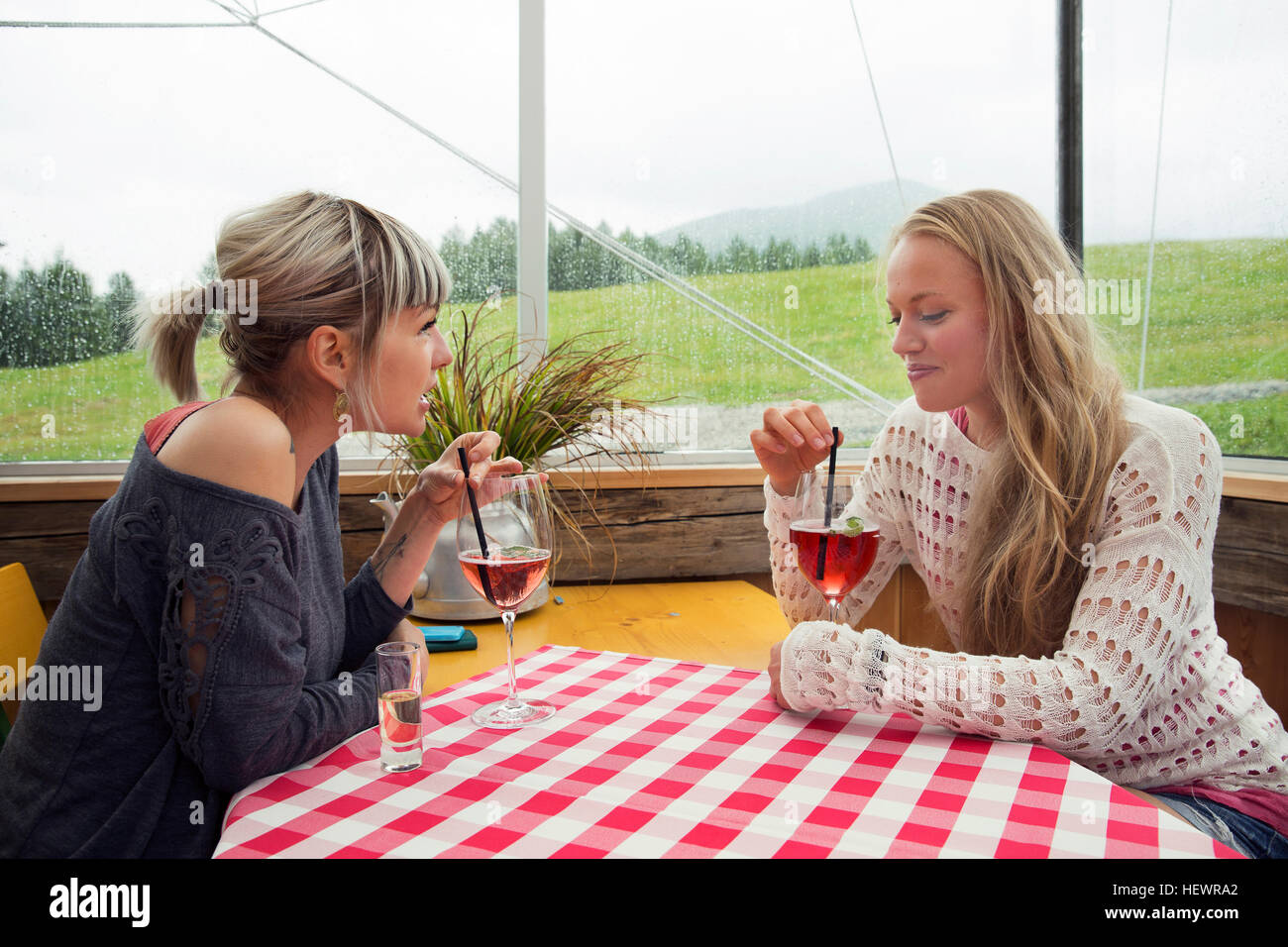 Two female friends with rose wine in cafe Stock Photo