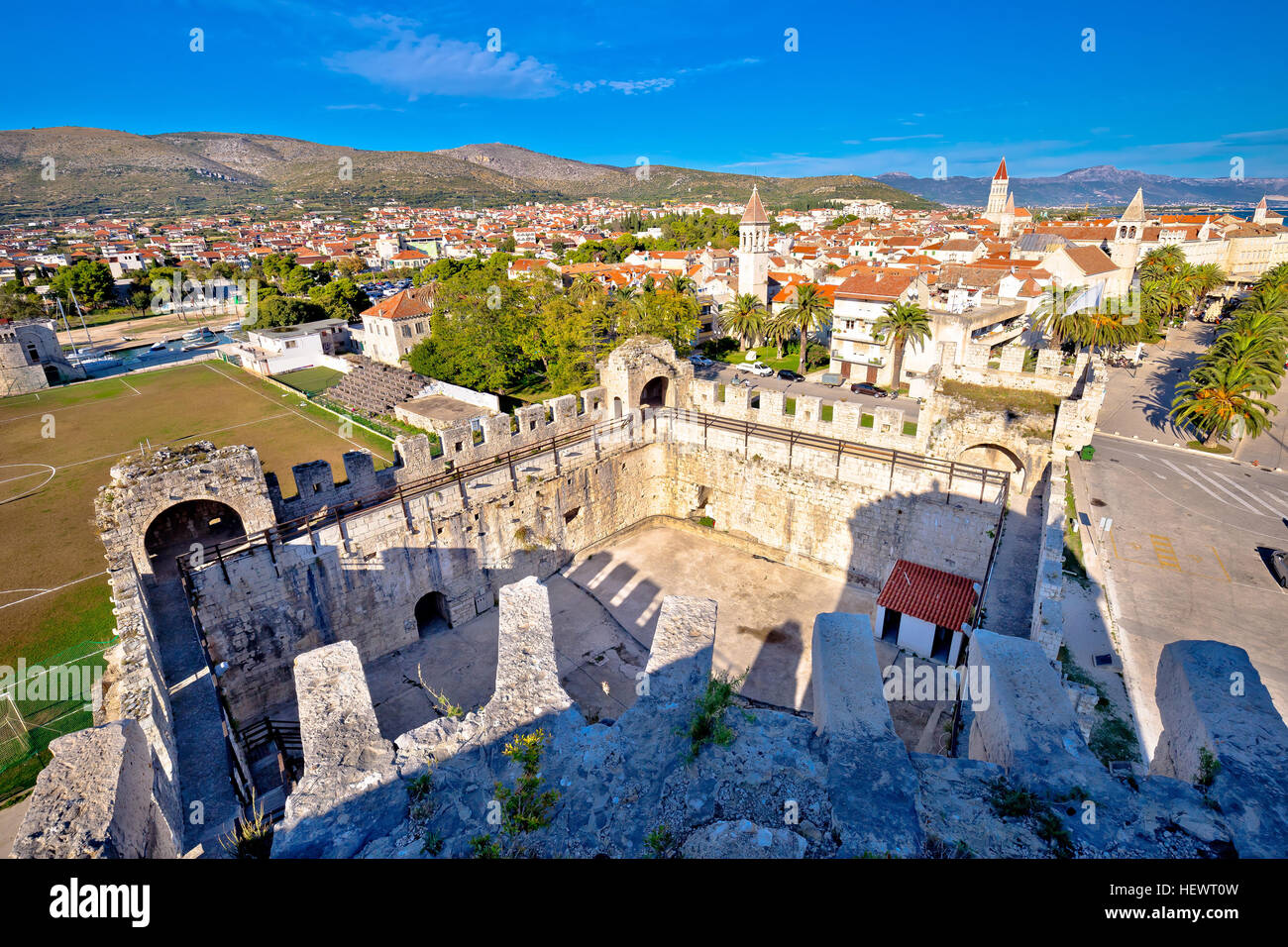 Town of Trogir rooftops and landmarks panoramic view, Dalmatia, Croatia Stock Photo