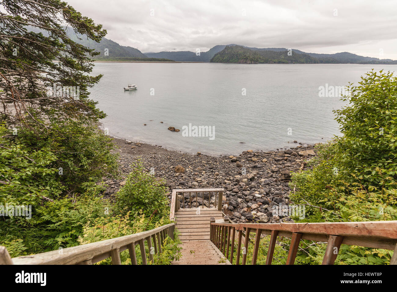 Stairway to waters edge, Halibut Cove, Kachemak Bay, Alaska, USA Stock