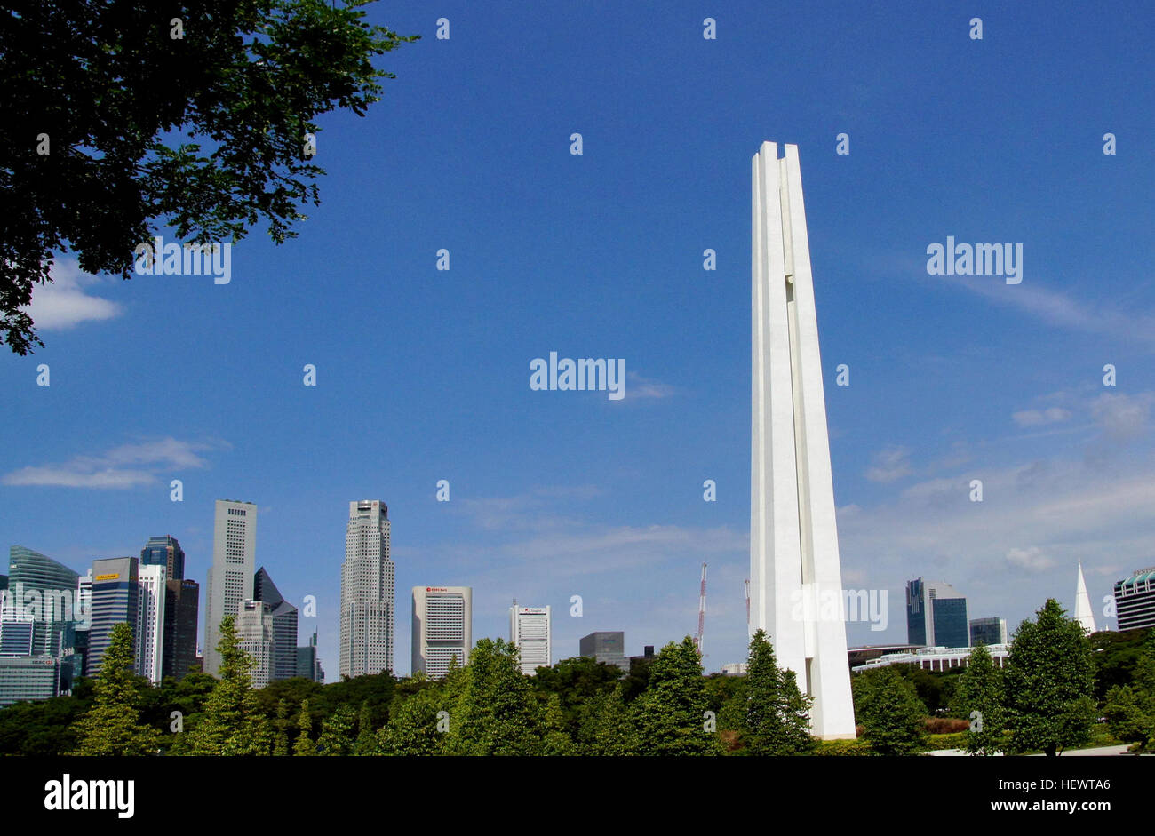The monument was named the Civilian War Memorial but was affectionately known as the &quot;Chopsticks&quot; memorial with reference to its design. With four pillars each with a height of about 67 metres, the monument resembles two pairs of chopsticks. The design of the four pillars bears a significant meaning - they symbolise the four main races of people living in Singapore. Words were inscribed on the base of the memorial. In four languages, English, Mandarin, Malay and Tamil, the words read: &quot;Memorial to the Civilian Victims of the Japanese Occupation 1942-1945&quot;. Stock Photo