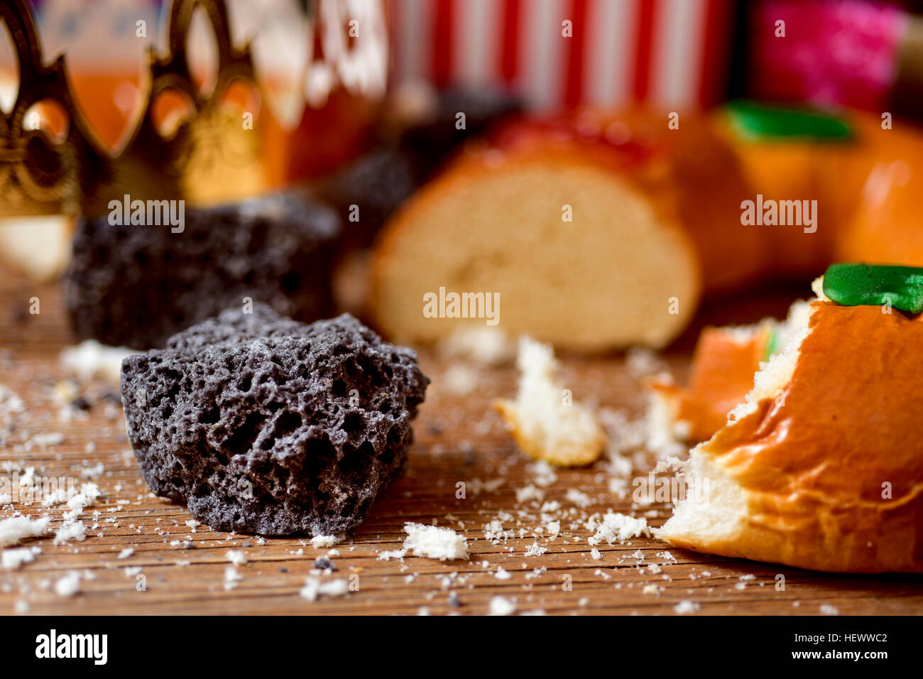 closeup of a roscon de reyes, the traditional spanish three kings cake