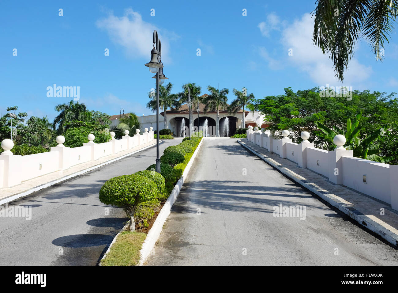 Main Drive Entrance to Dreams Punta Cana in the Domiinican Republic. The resort is one of several properties in the AMResorts Collection. Stock Photo