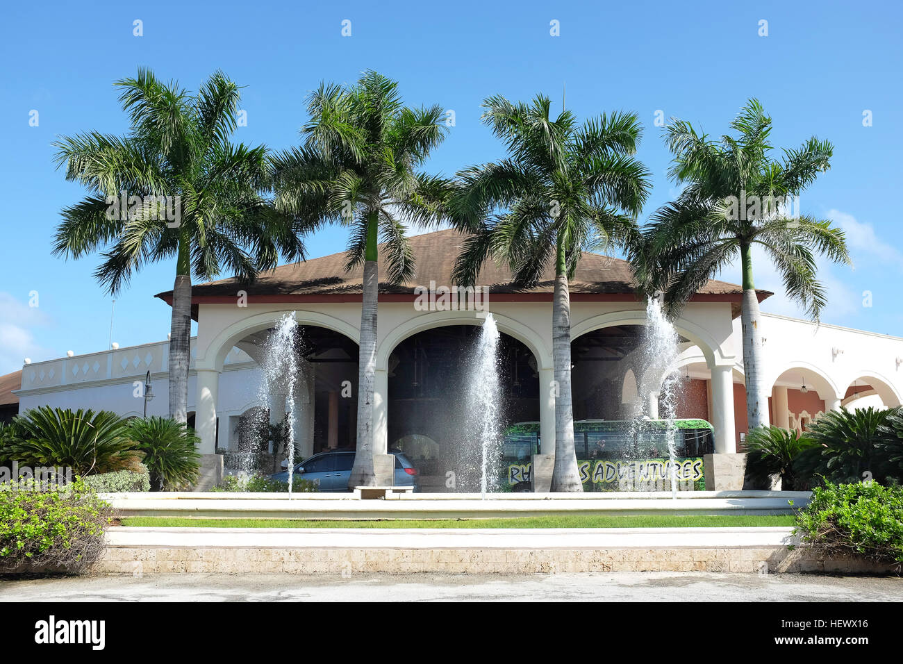 Fountain and main lobby entrance to the Dreams Punta Cana all inclusive resort in the Dominican Republic. Stock Photo