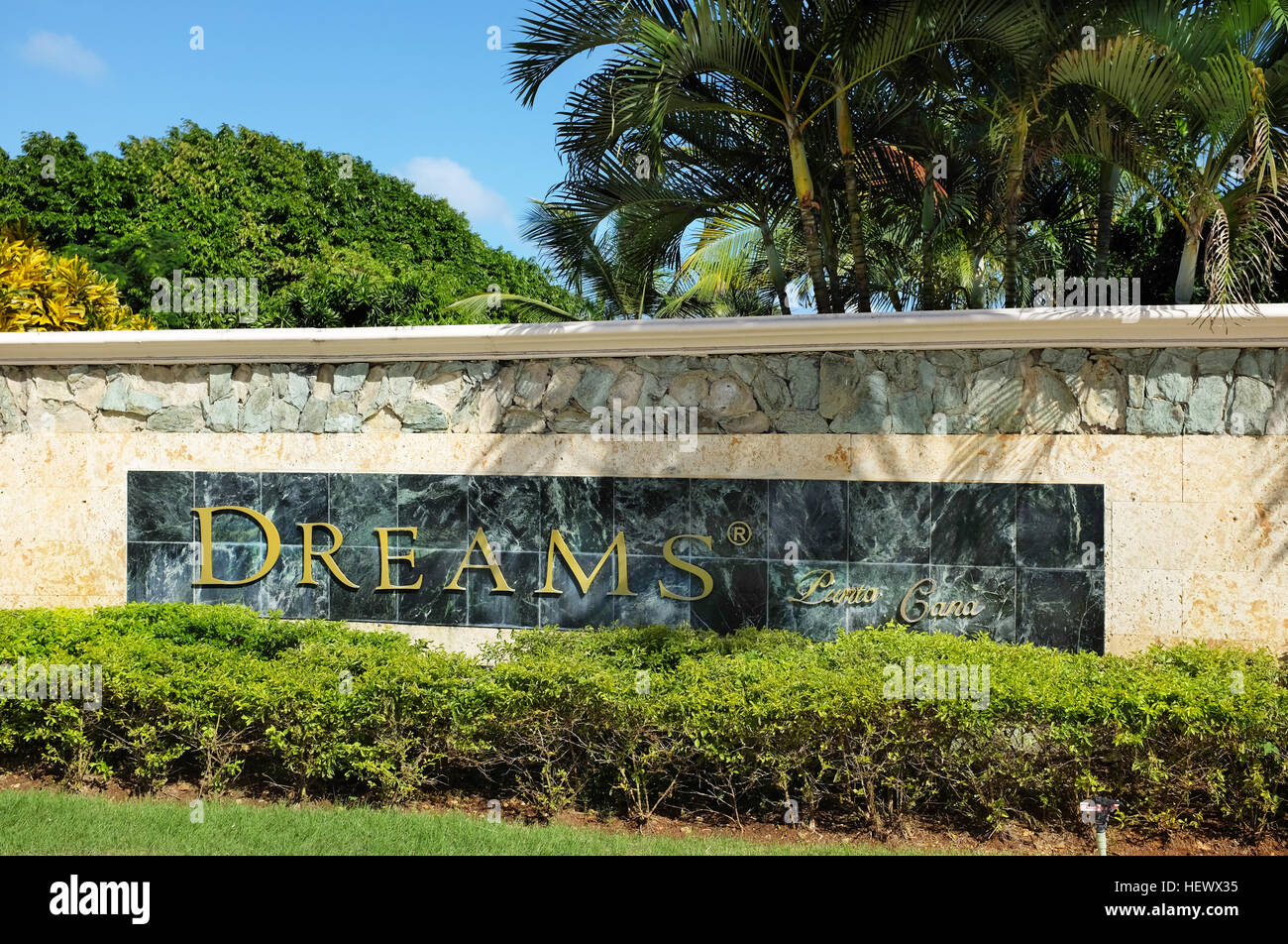 Entrance sign at Dreams Punta Cana in the Domiinican Republic. The resort is one of several properties in the AMResorts Collection. Stock Photo
