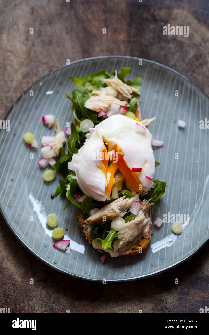 Open sandwich with salad, smoked mackerel and poached egg Stock Photo Alamy