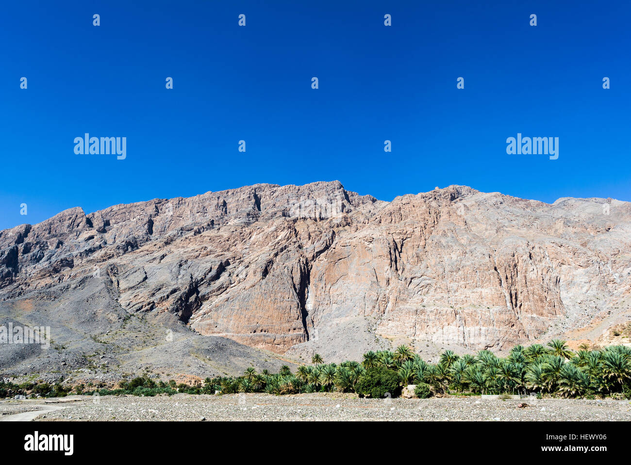 Palm trees follow the course of a river as it winds it's way along the base of a desert mountain. Stock Photo