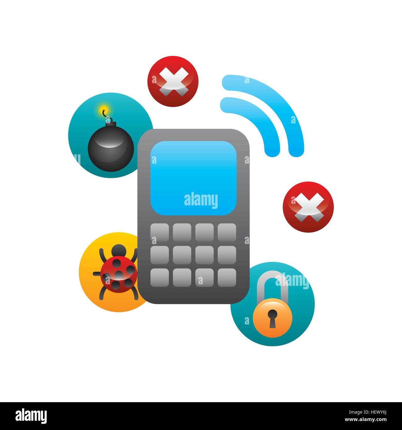 smartphone device with cyber security icons around over white ...