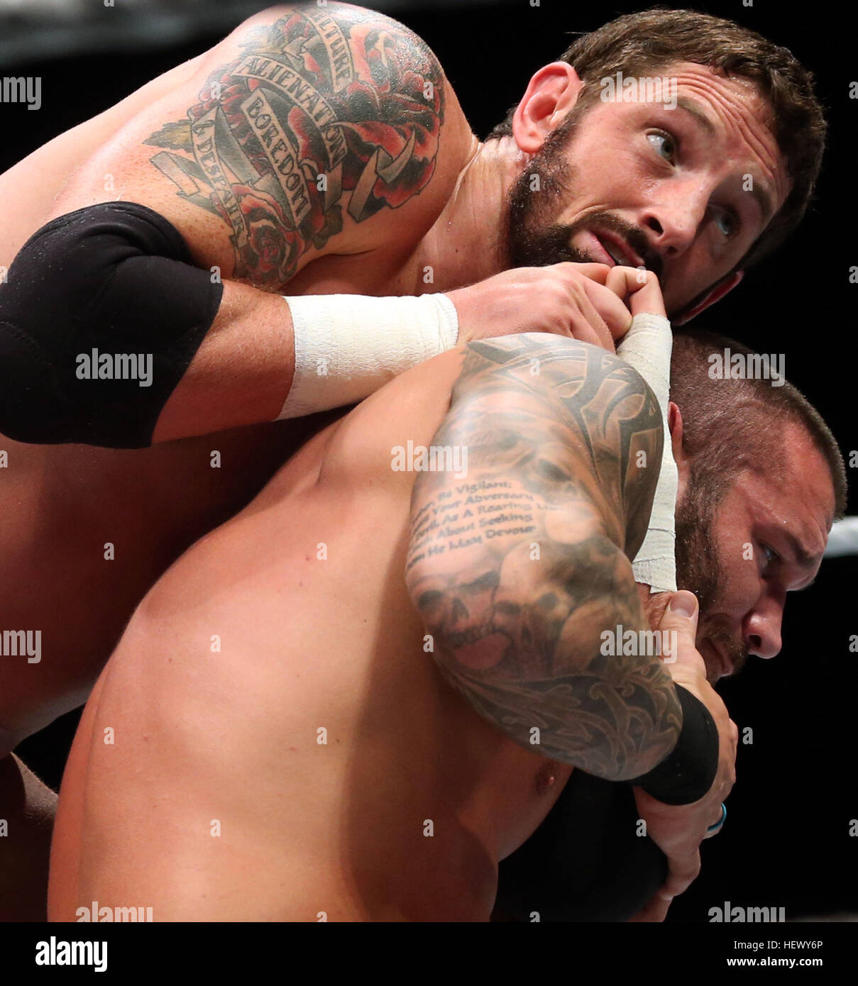 DURBAN, SOUTH AFRICA - AUGUST 01: Wade Barrett with Randy Orton during the WWE World Tour 2013 at Westridge Park Stadium on August 01, 2013 in Durban, Stock Photo