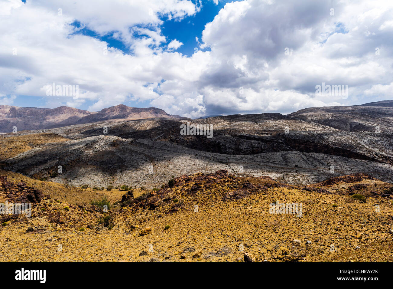 The arid rocky slopes of a prehistoric and volcanic desert landscape ...