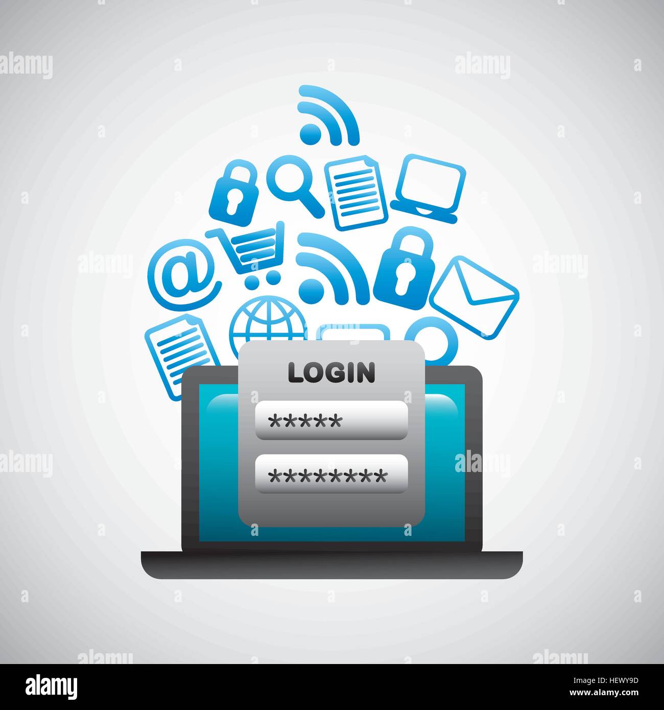 laptop computer with login and social network icons around. colorful ...