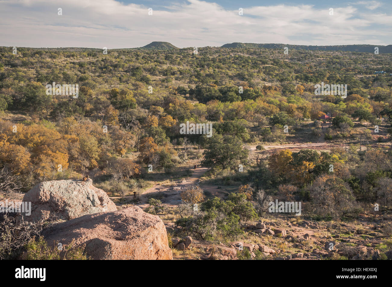 Landscape photo of Texas Hill Country from Echo Canyon Trail at Enchanted Rock Natural Area Stock Photo