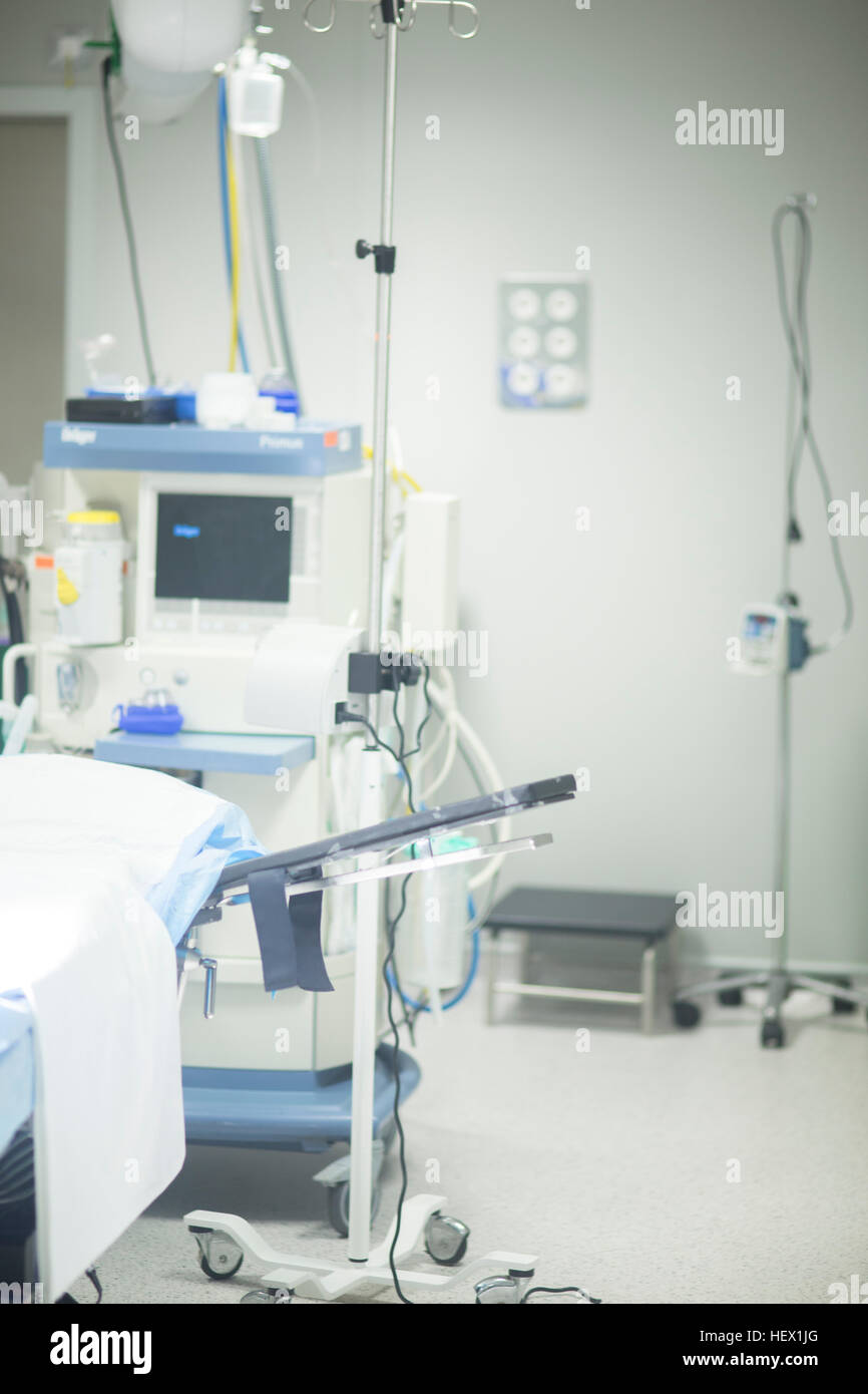 Hospital surgery bed in operating theater emergency room prepared for