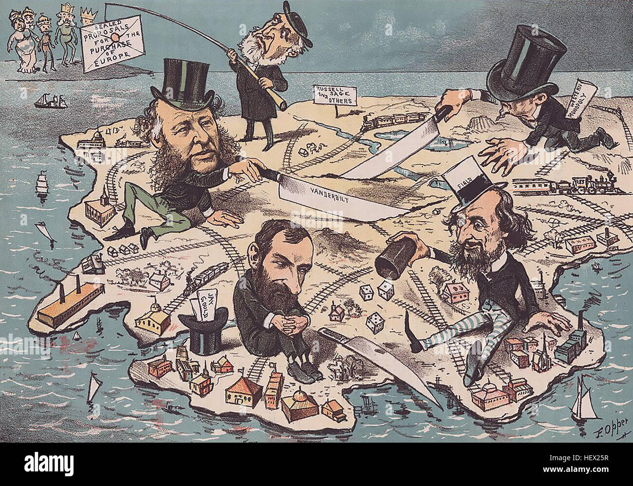 ROBBER BARONS Cartoon from American satirical magazine Puck in January 1885 showing American millionaires playing Monopoly with the country's assets. From left: William Vanderbilt, Cyrus West Field, Jay Gould, Russell Sage, Cyrus West Field. Stock Photo