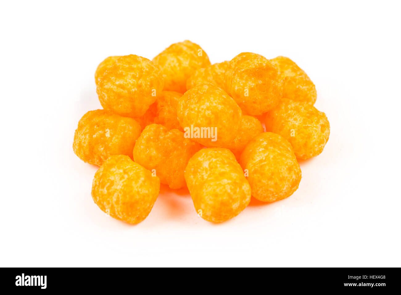 Delicious crispy Cheese ball in paper bucket isolated on white background, Cheese  ball or cheesy puffs on white With clipping path. Stock Photo
