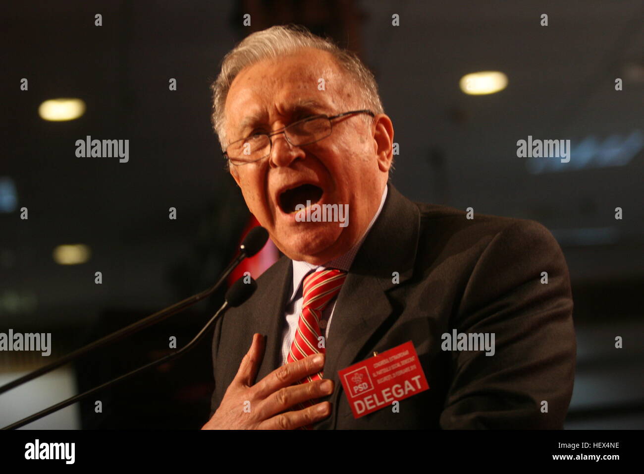 BUCHAREST, ROMANIA - February 20, 2010: Former Romanian President, Ion Iliescu speaks at the National Congress of Social Democrat Party. Stock Photo