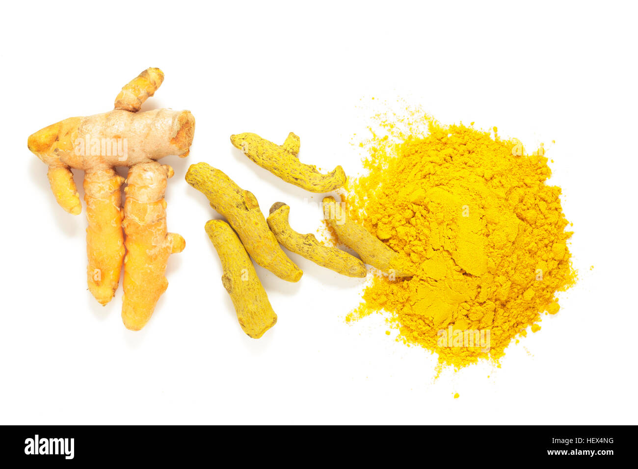 Fresh turmeric root, dried turmeric root and turmeric powder Stock