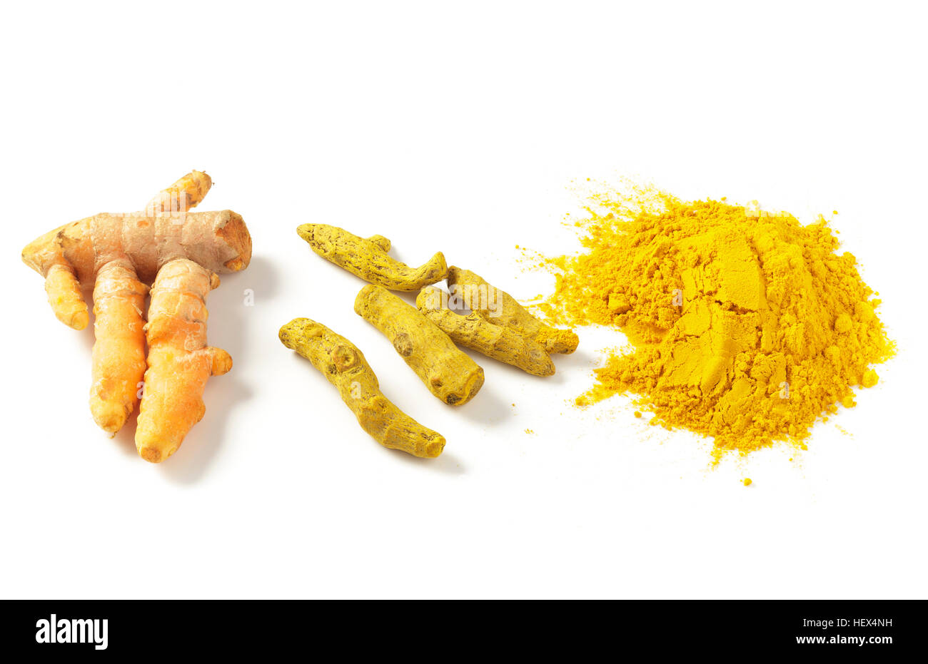 Fresh turmeric root, dried turmeric root and turmeric powder Stock