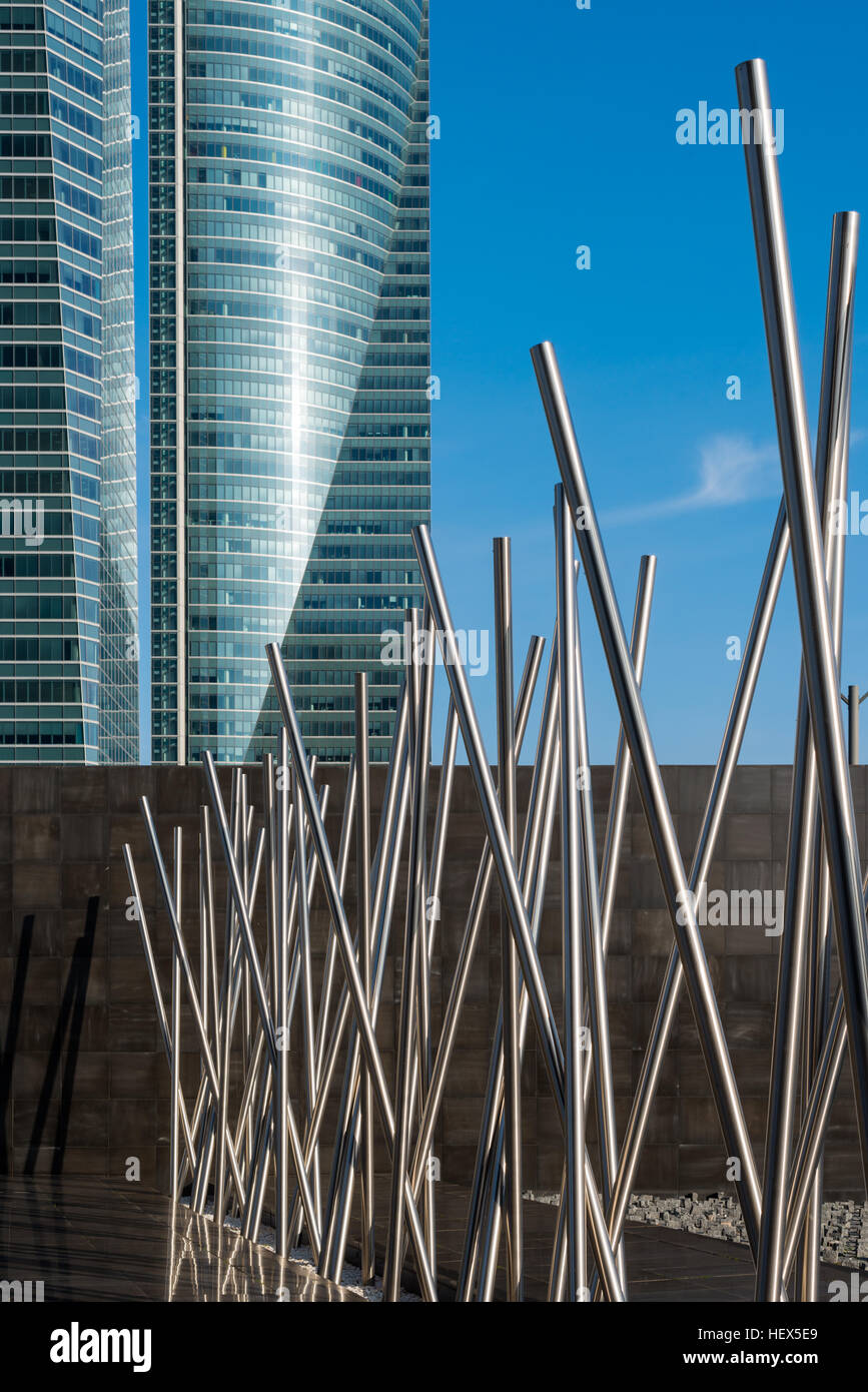 Modern skyscrapers & sculptures in the Cuatro Torres Business Area of Madrid. Spain. Stock Photo