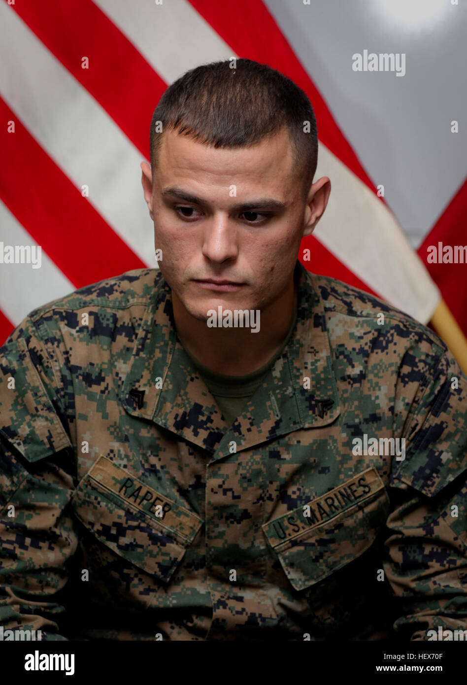 Jesse Raper A Marine from Company L, 3rd Battalion, 8th Marine Regiment, reflected ...