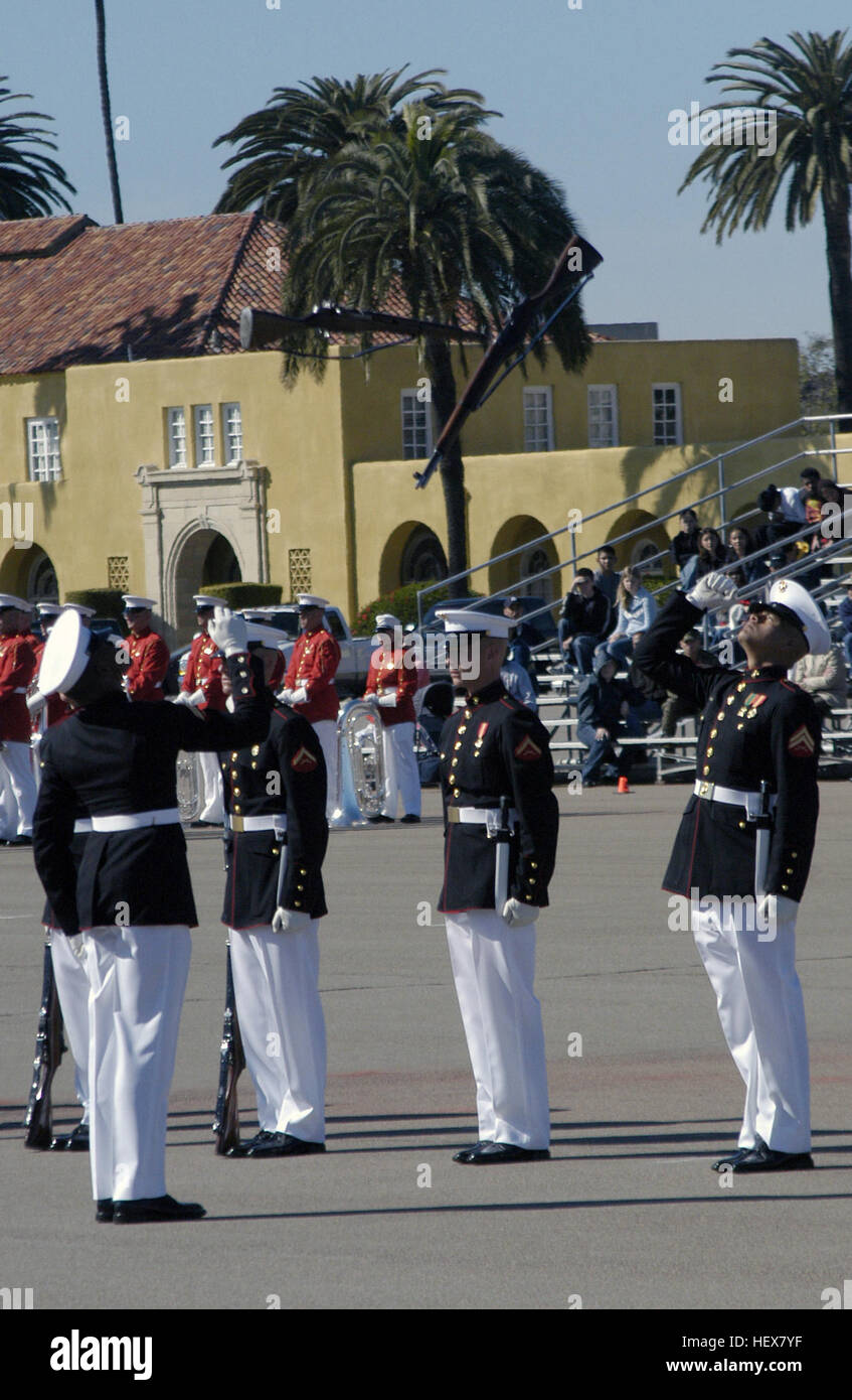 The USMC Silent Drill Platoon performs a rifle inspection routine in ...