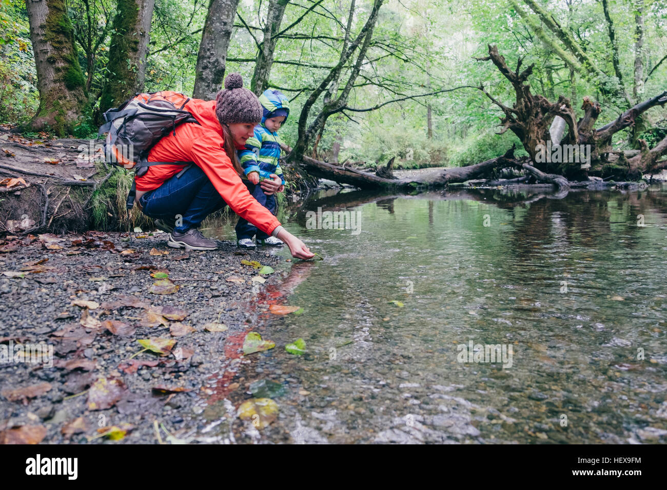 Mother and son exploring stream in forest, Vancouver, British Columbia, Canada Stock Photo
