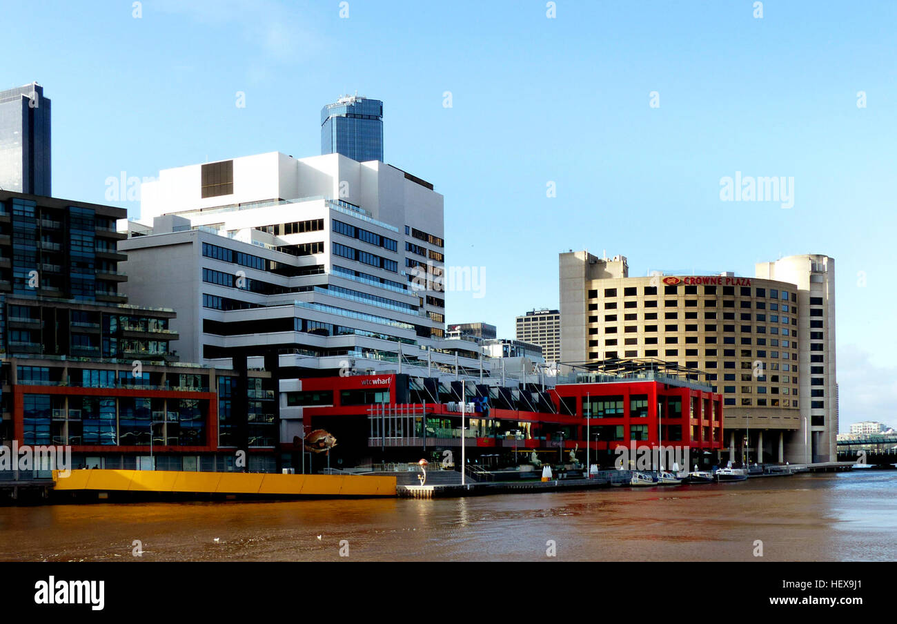 WTC Wharf, located in Melbourne on the Yarra River's north bank, is a twelve-storey office complex. Opened in 1983, it exemplifies Brutalist architecture and played a key role in Melbourne’s development during the 1980s. It was also home to the Crown Casino. Stock Photo