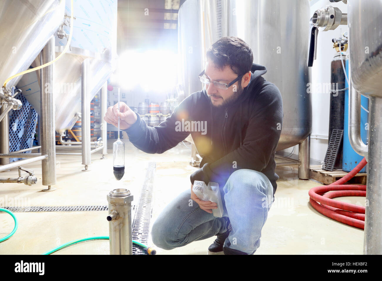 Worker in brewery, checking alcohol and sugar content of product Stock Photo