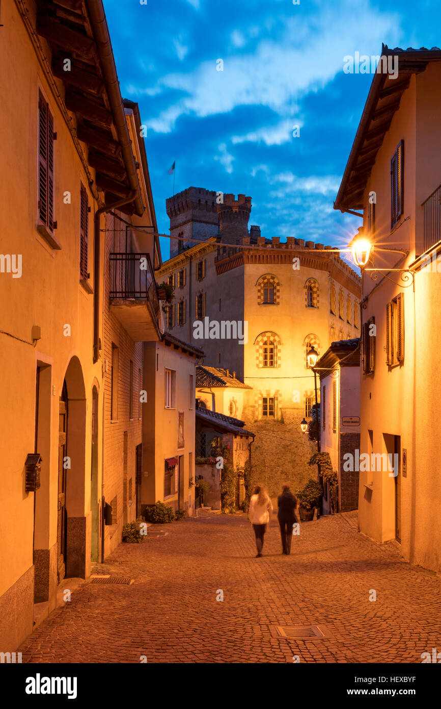 Twilight over medieval town of Barolo with Museo del Vino a Barolo beyond, Piemonte, Italy Stock Photo