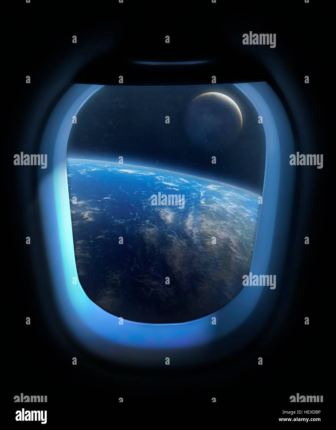 Artwork showing the Earth and Moon from the window of a space vehicle, sometime in the future. The view shows the lunar far side directly beneath us, with the Earth in the distance. Maybe, in the future, tourists will be able to enjoy views like this in space. Stock Photo