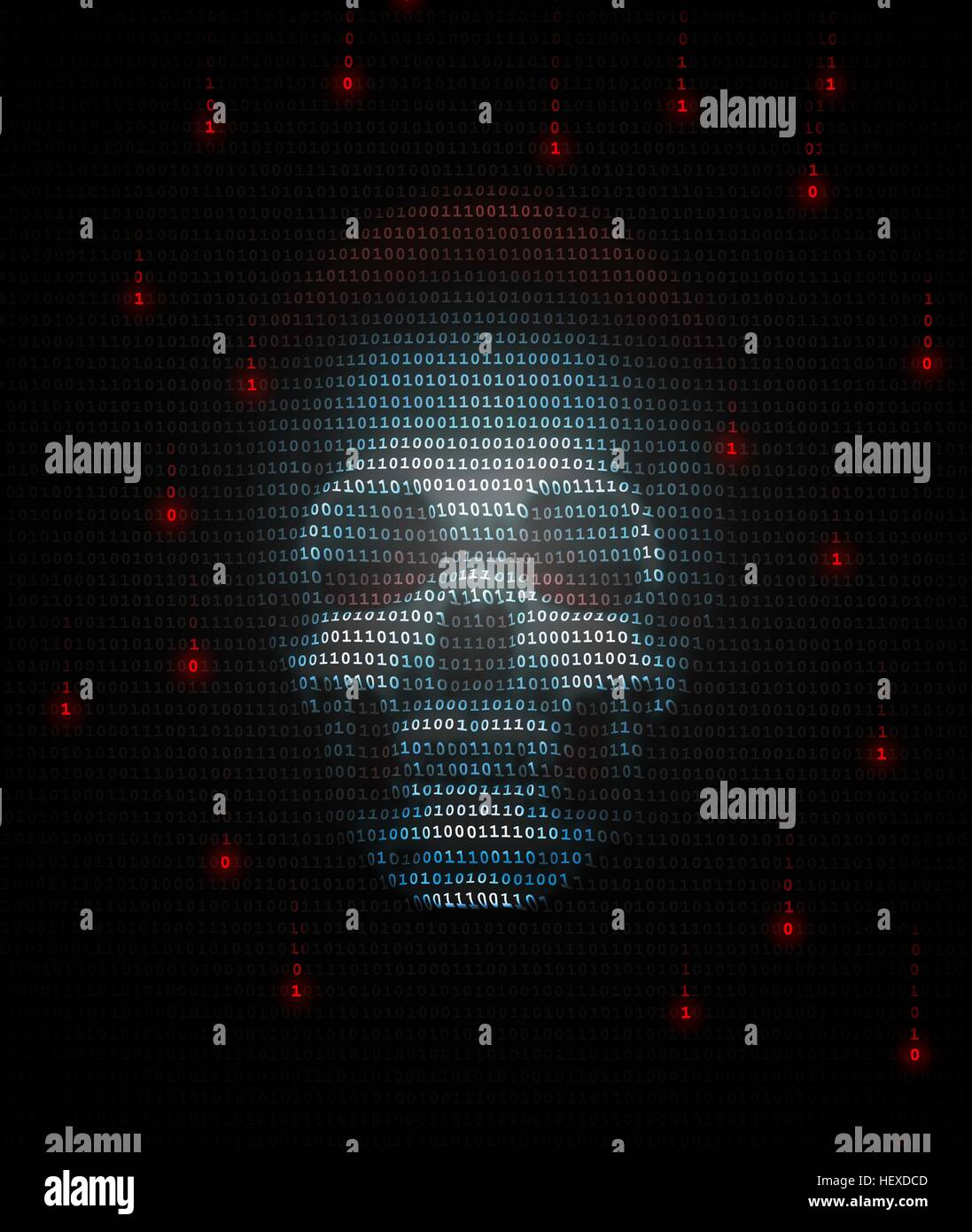 Computer virus, conceptual image. Computer viruses are computer programs that can carry out harmful instructions and copy themselves to other computers. In this image a skull represents a digital virus or trojan on a computer. The surrounding numbers are the ones and zeros of binary code. Stock Photo