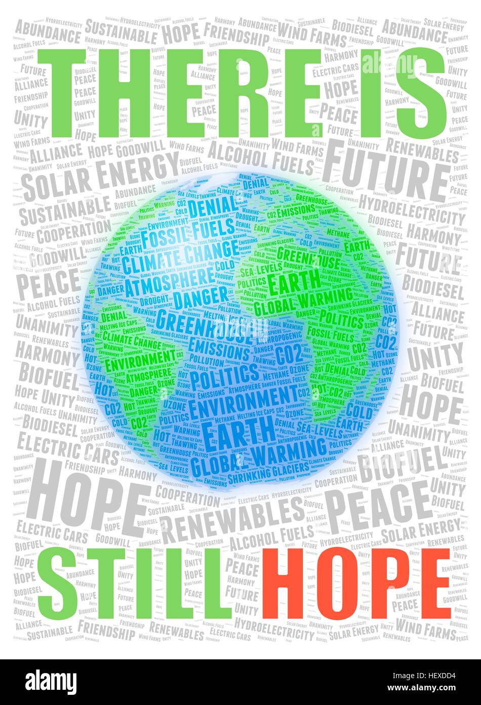 Illustration in the form of a word cloud, depicting global warming. Words related to global warming (e.g. environment, politics, sea levels etc) form the globe of the Earth. Meanwhile, surrounding this is a background in grey made up of more optimistic words, like hope, sustainable, biofuels, solar energy, etc. Stock Photo