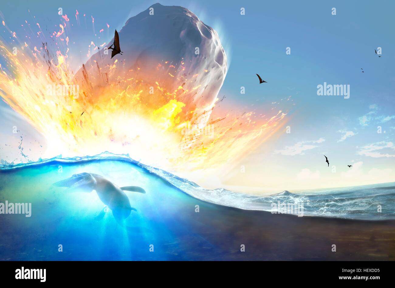 Asteroid impact.Illustration of large asteroid colliding Earth on Yucatan Peninsula in (what is modern day) Mexico.This impact is believed to have led to death of dinosaurs some 65 million years ago.The impact formed Chicxulub crater,which is around 200 kilometres wide.The impact would have thrown Stock Photo