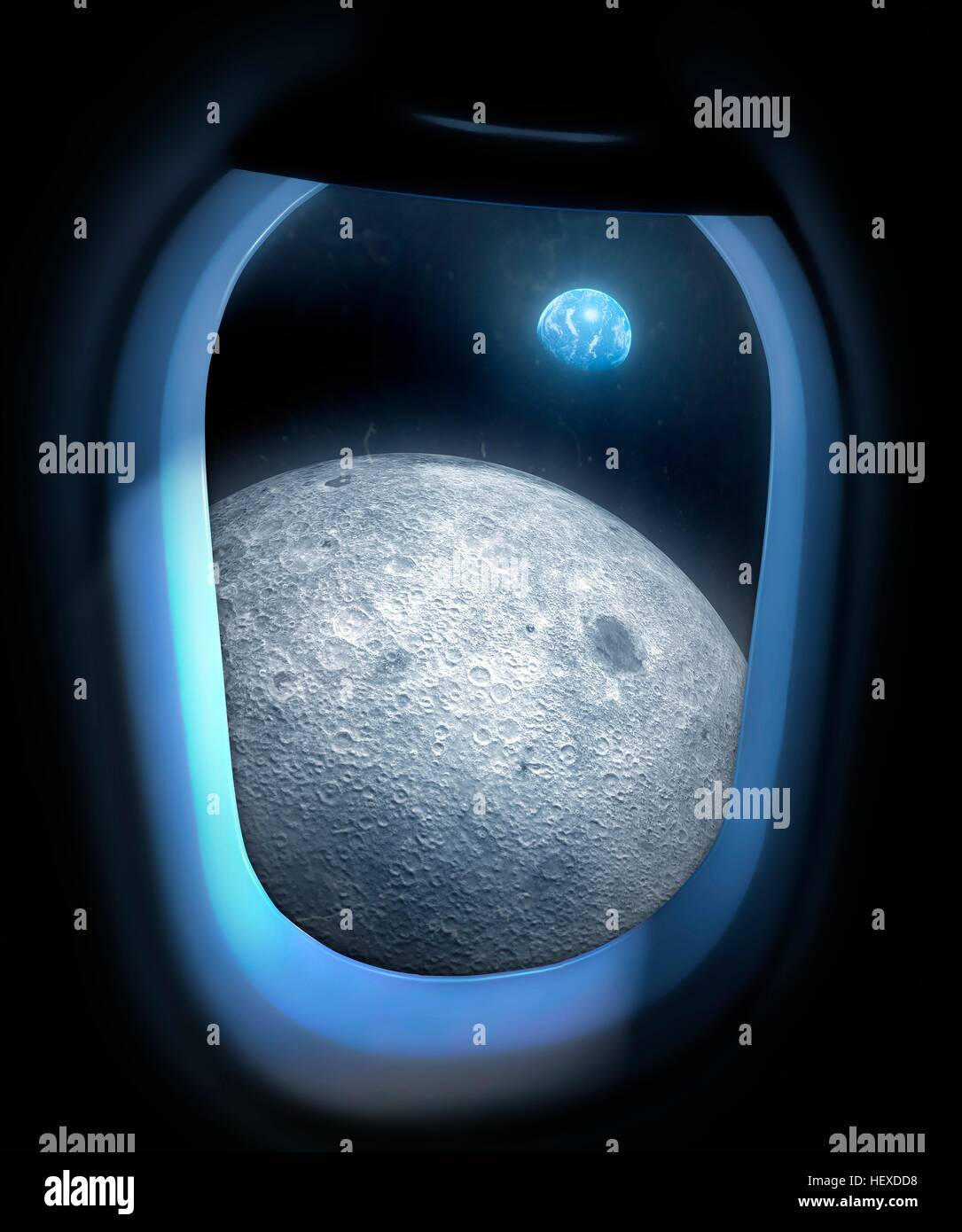 Artwork showing the Earth and Moon from the window of a space vehicle, sometime in the future. The view shows the lunar far side directly beneath us, with the Earth in the distance. Maybe, in the future, tourists will be able to enjoy views like this in space. Stock Photo