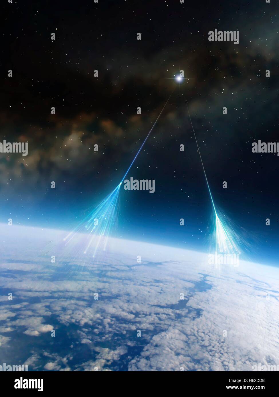 Cosmic rays.Artwork of high-energy particles radiation from star in deep space (cosmic rays) impacting molecules atoms in Earth's atmosphere.These primary impacts cause secondary cascade of subatomic particles.Detection analysis of these particles,which include protons,neutrons,light nuclei,neutrinos,pions,and muons,can reveal source of cosmic rays.These sources may include gamma ray bursts (GRBs),active galactic nuclei,supernovae quasars.Such research is carried out atmospheric balloons,or advanced detectors built underground or underwater,to shield them from other radiation. Stock Photo