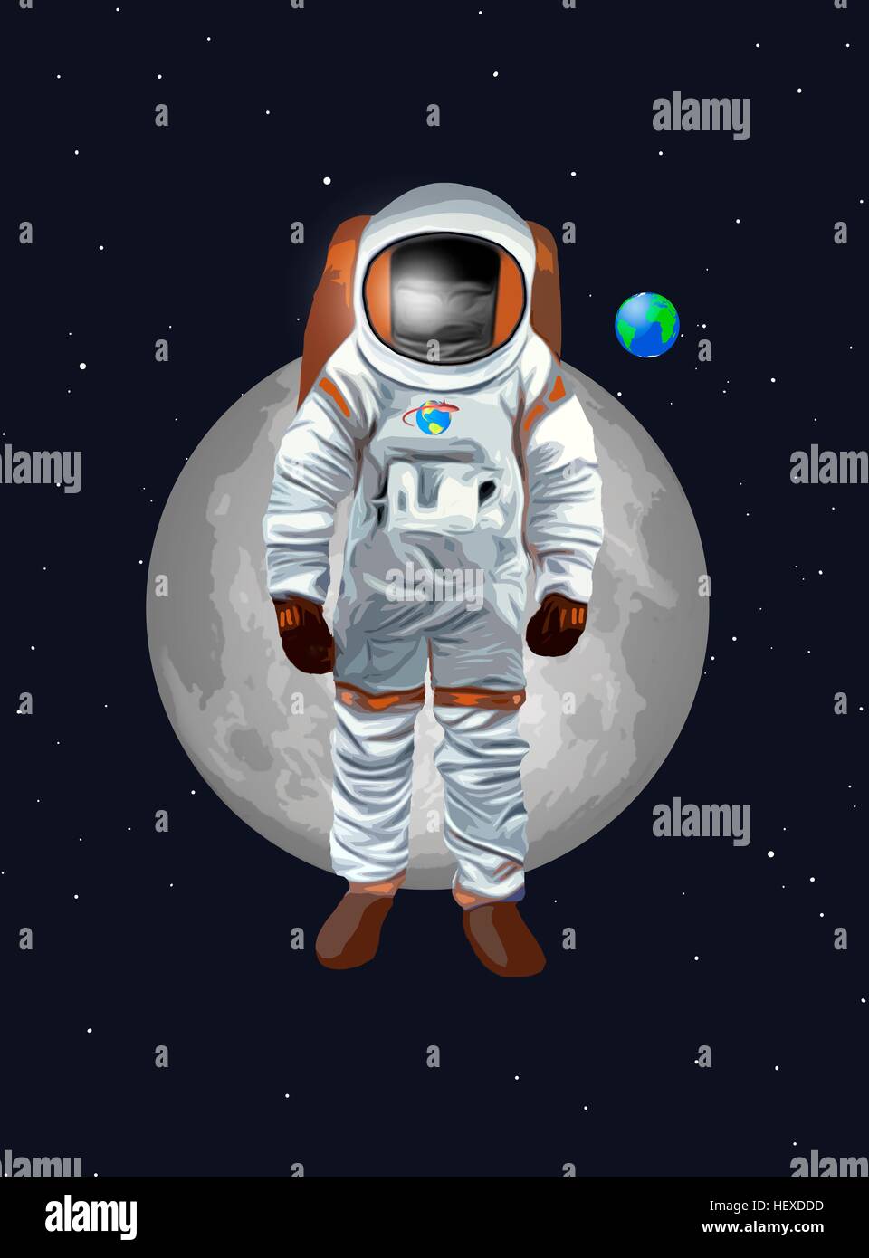 Artwork of a space man, or astronaut, suitable for a children's publication. The astronaut is standing in front of the Earth and Moon. Stock Photo