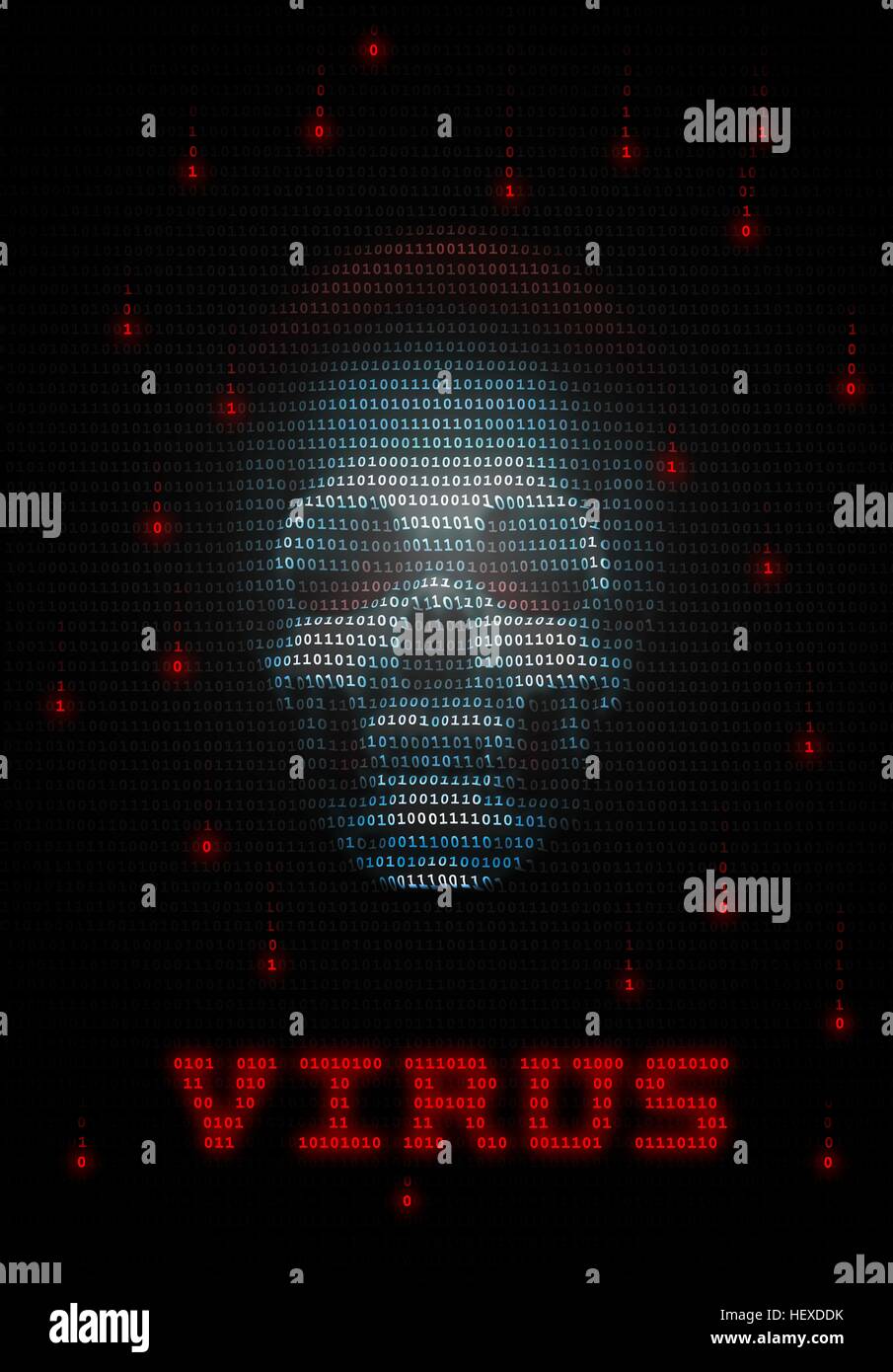 Computer virus, conceptual image. Computer viruses are computer programs that can carry out harmful instructions and copy themselves to other computers. In this image a skull represents a digital virus or trojan on a computer. The surrounding numbers are the ones and zeros of binary code. Stock Photo