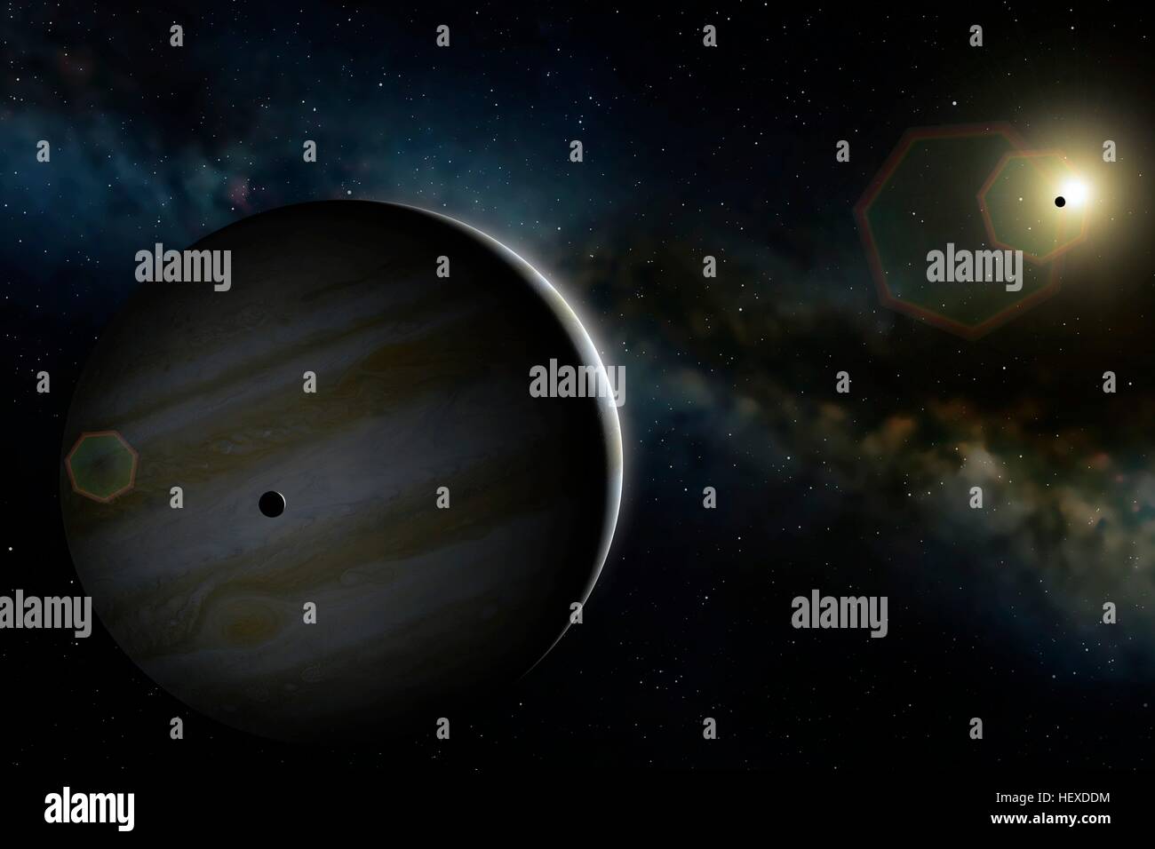An impression of the largest planet in the Solar System, Jupiter, showing the world from a vantage point somewhat beyond the orbit of the second Galilean moon, Europa (seen superimposed on Jupiter). The innermost Galilean moon, Io, is seen in front of the Sun. The rings are not visible in this image, as they are too faint. Stock Photo