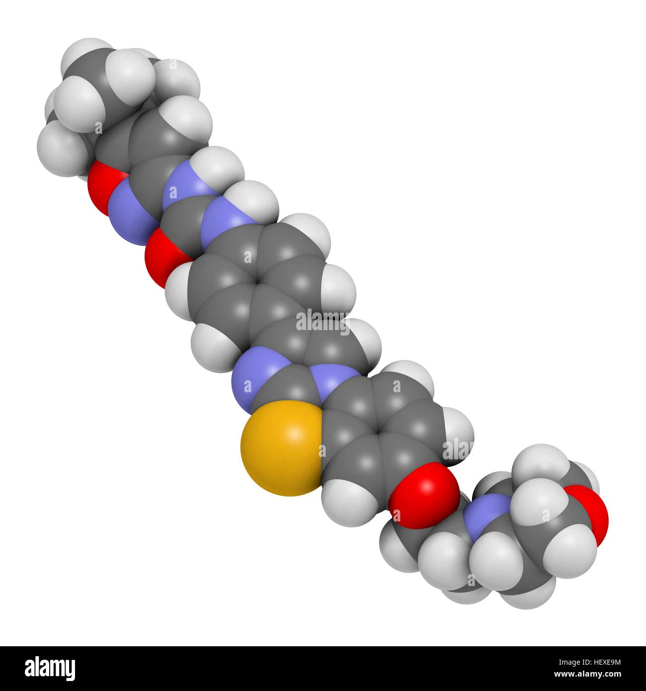 Quizartinib cancer drug molecule (kinase inhibitor), computer illustration. Atoms are represented as spheres with conventional colour coding: hydrogen (white), carbon (grey), nitrogen (blue), oxygen (red), sulphur (yellow). Stock Photo