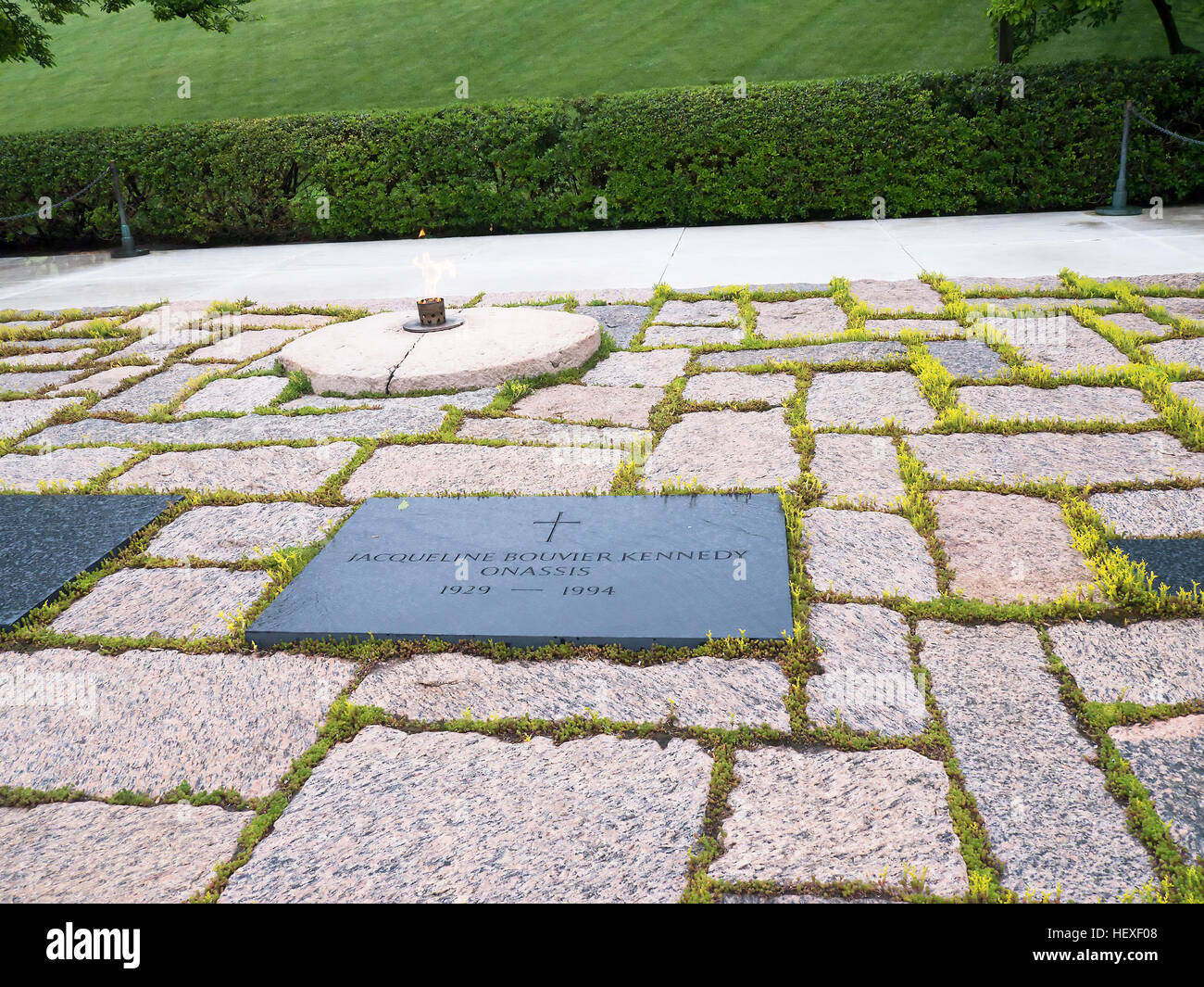 Jacqueline Kennedy's Grave and the Eternal Flame at Arlington National Cemetery in the USA Stock