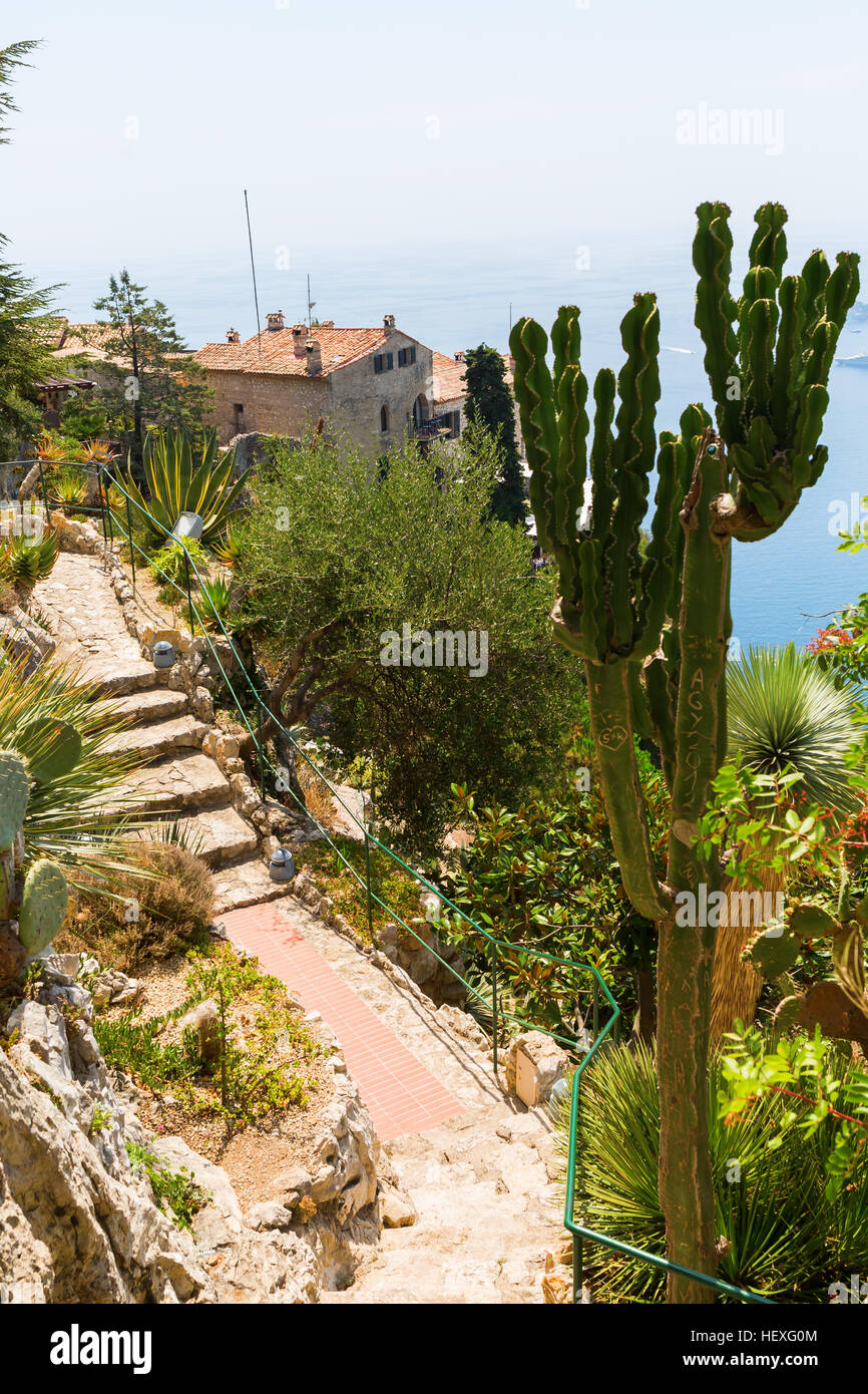 Eze, France - August 04, 2016: view from the exotique garden in Eze, South France, to the Mediterranean Sea. Eze is famous worldwide for the view of t Stock Photo