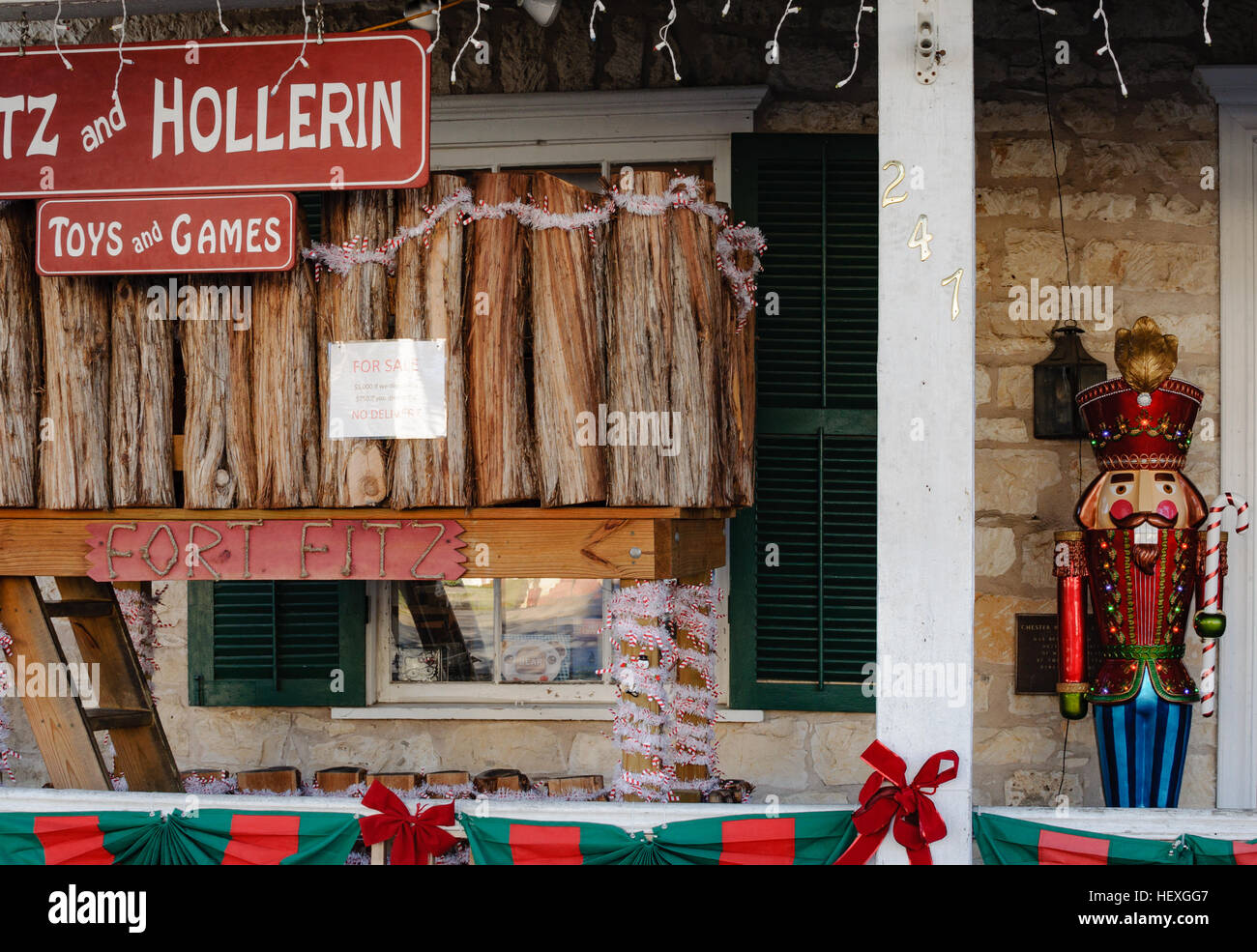 Nutcracker in front of toy store on Main Street in Fredericksburg, Texas Stock Photo