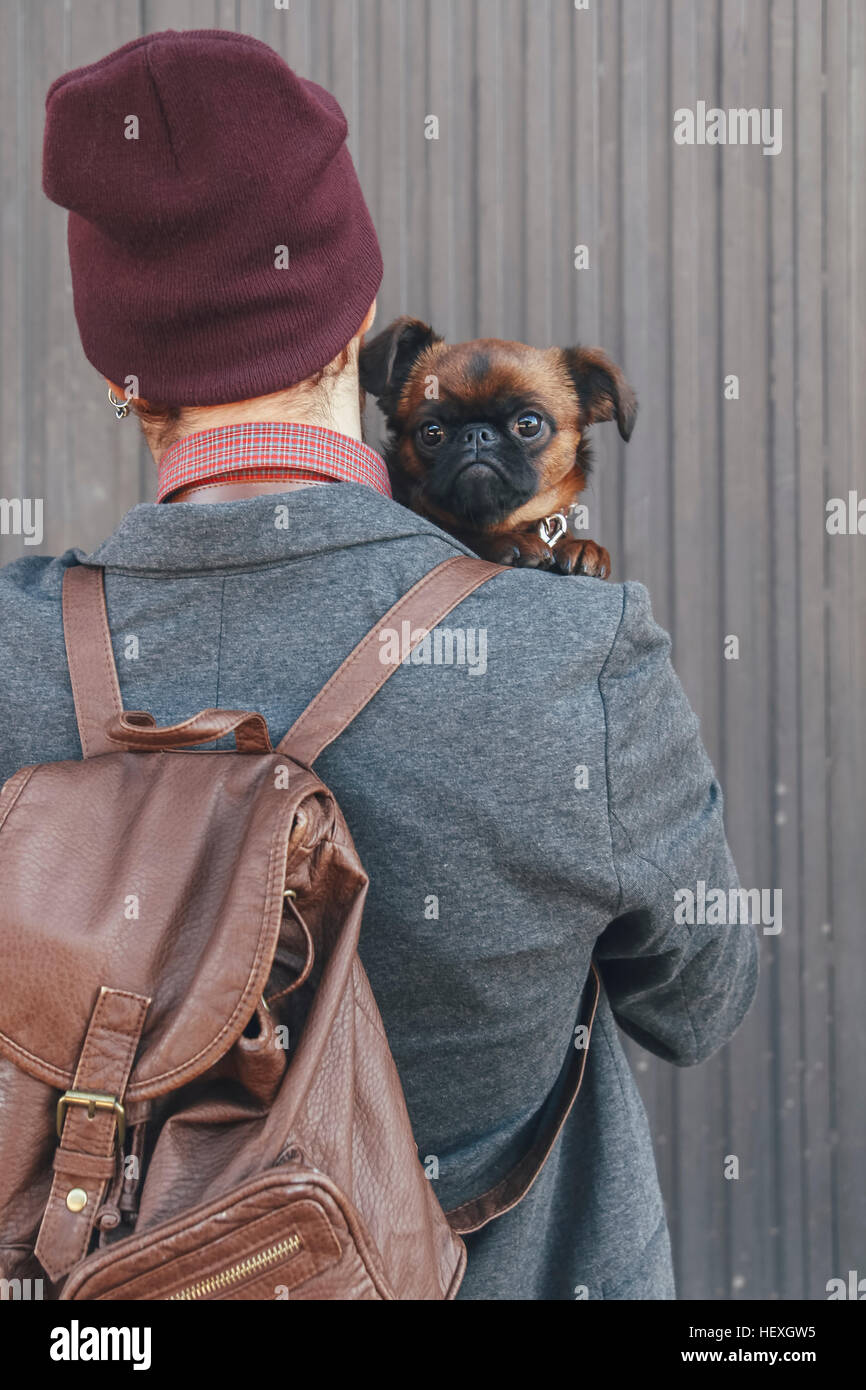 Dog looking over man's shoulder Stock Photo